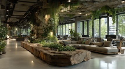 Fototapeta premium Modern office space with lush greenery and natural elements.