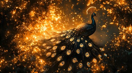 Stunning peacock displaying vibrant iridescent feathers amidst glowing golden bokeh lights in a mystical forest scene perfect for nature wildlife photography