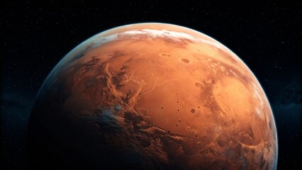 Highlighting the rugged terrain of Mars, this photo captures craters and vast plains, conveying the harsh and mysterious nature of the red planet