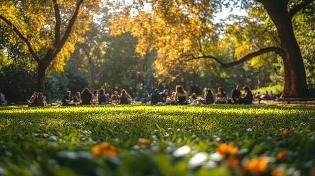 Sunlit park scene, many people picnicking on grassy area under large trees