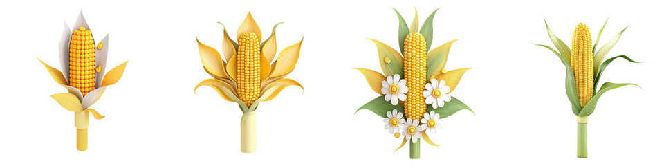 Set of Four decorative corn illustrations . isolate on transparent background