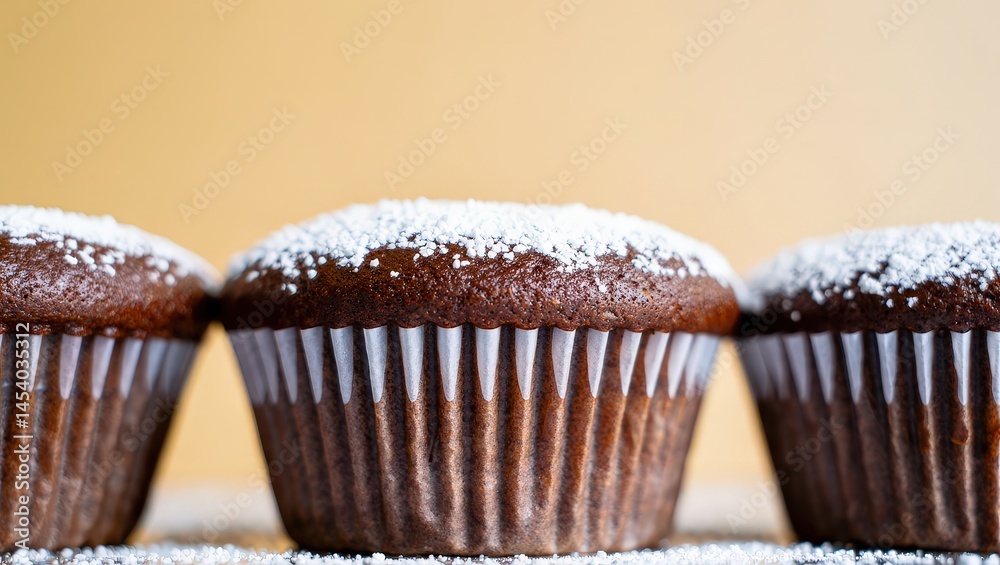 Poster three chocolate cupcakes with white frosting and sprinkles on top, arranged in a row on a yellow sur