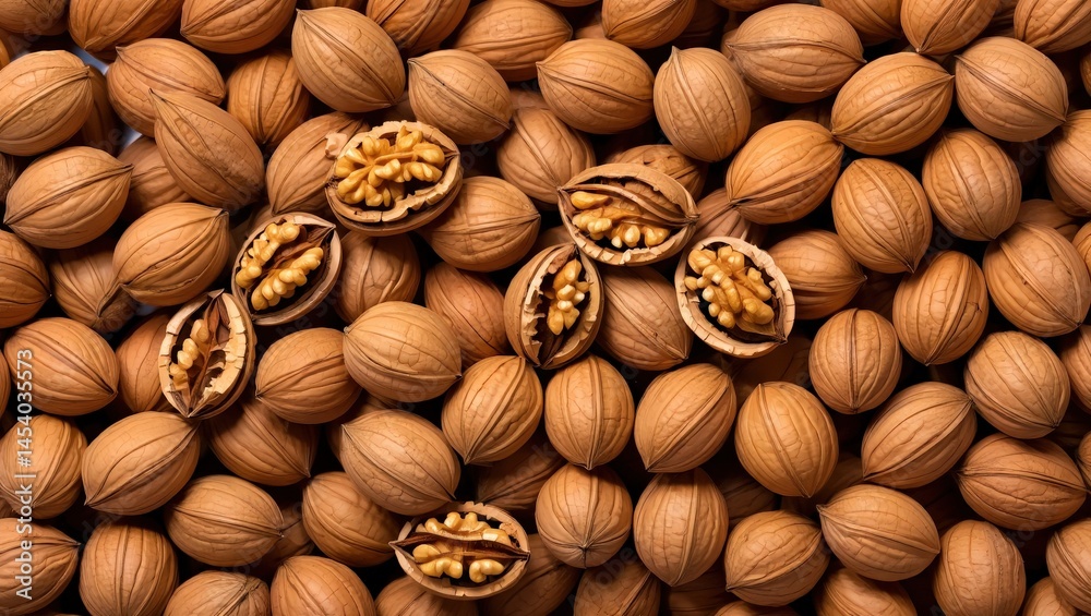 Poster a close-up view of several nuts in their shells, possibly almonds or walnuts, with some already crac