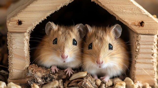 Two gerbils cuddling inside a small wooden house