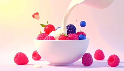 Creamy Milk Pouring on Bowl of Fresh Berries