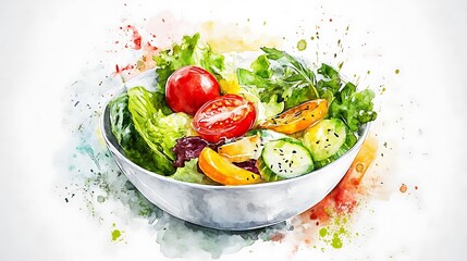 Vibrant watercolor painting of a fresh salad in a bowl. The salad consists of lettuce, cherry tomatoes, cucumber, and other colorful vegetables. The image is set against a white background with