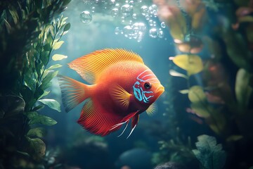 Obraz premium A vibrant orange fish with blue markings swimming in a lush green aquatic environment with bubbles