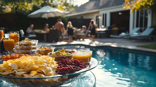 Delicious snacks and fruit platters arranged by a refreshing poolside during a sunny summer gathering.  Guests enjoy the party in the background.