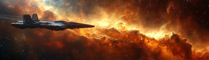 Majestic spacecraft navigating through a fiery nebula.