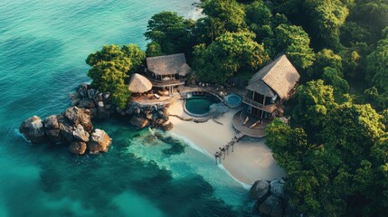 Tropical island resort nestled among lush vegetation.