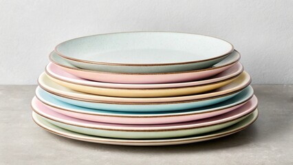 A vibrant stack of colorful round ceramic plates in pastel and muted tones, with a light pink plate featuring a gold rim on top, rests on a grey surface