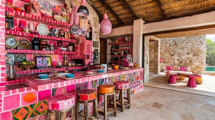 Vibrant pink outdoor kitchen area with colorful decor.