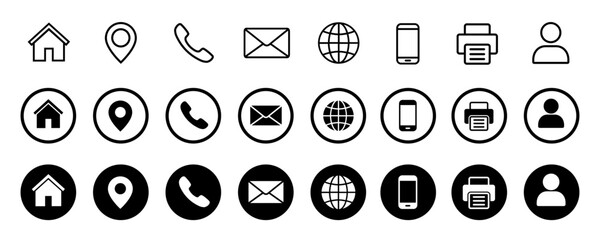 Contact icon set, contact us in line and solid style. Web icons set address, location, number, fax, email, phone, website, message, name icon collection, communication contact