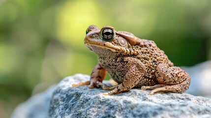 Fototapeta premium A bumpy brown toad sitting on a rock
