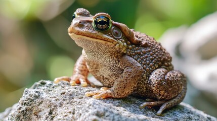 Obraz premium A bumpy brown toad sitting on a rock