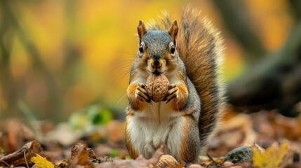 A bushy-tailed squirrel holding a nut