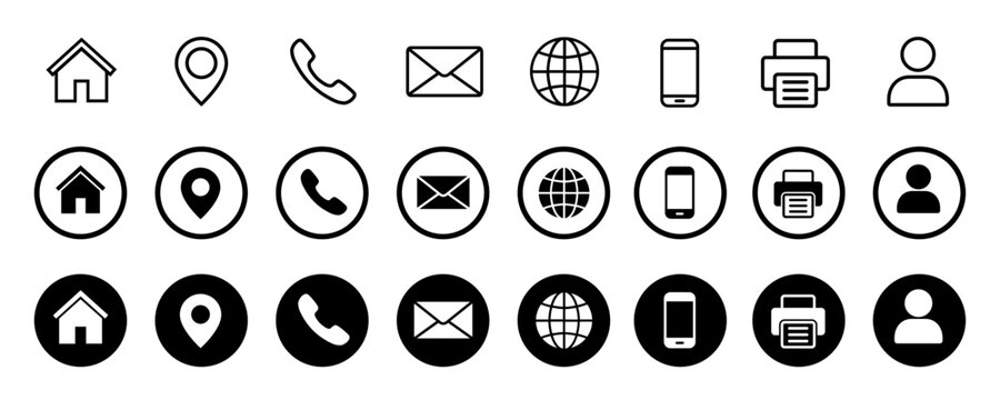 Contact icon set, contact us in line and solid style. Web icons set address, location, number, fax, email, phone, website, message, name icon collection, communication contact