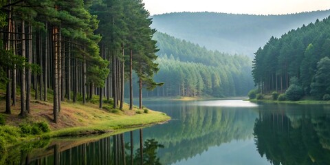 Serene lake surrounded by tall pine trees reflecting in the calm water on a misty morning view outdoors