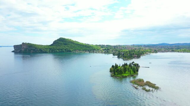 Aerial footage of the Island of San Biagio on Lake Garda in Brescia province in Lombardy, Italy