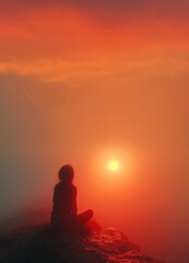 Obraz premium Lonely woman meditating on cliff edge at sunset in warm minimalist landscape