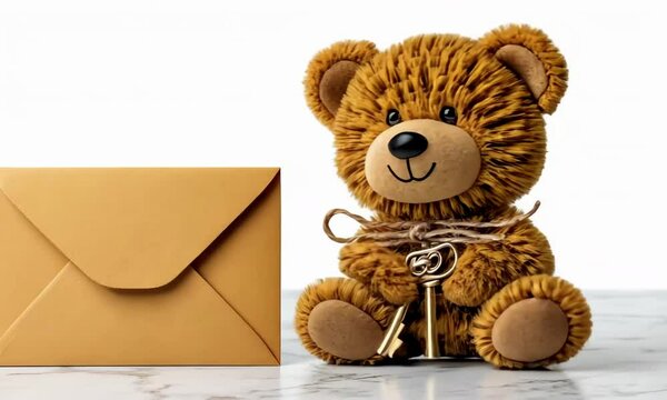 Cute teddy bear surprise with brown envelope on marble table in stopmotion animation