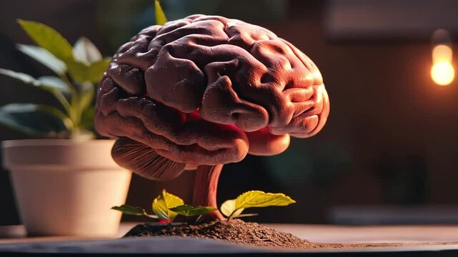 Glowing brain plant growing on desk, night