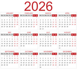 Modèle de calendrier 2026 pour agenda, planificateur, organiseur avec mois et semaines en anglais - textes vectorisés et non vectorisés sur calques séparés