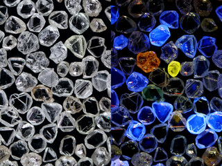 Comparison photos of natural diamond crystal under visible and UV light in the same position (soft focus in fluorescence image from UV light diffraction)