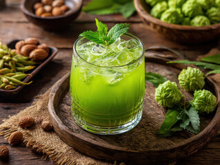 Glass of Vibrant Green Khus Sharbat with Mint Garnish