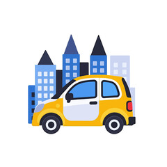 Naklejka premium Yellow Car Vector Icon With City Buildings Background For Travel And Transportation Designs