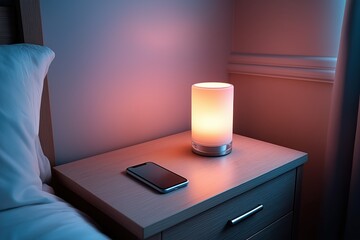 Softly glowing bedside lamp illuminates a cozy bedroom scene with a smartphone resting on a wooden nightstand, creating a warm and inviting atmosphere for relaxation and rest