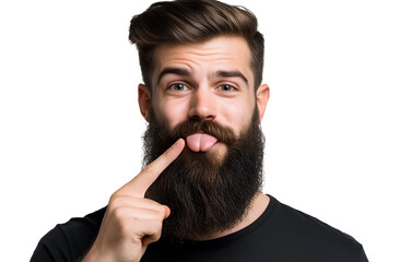  A man with a beard is pointing his finger at his mouth and sticking out his tongue, isolated on a transparent background 
