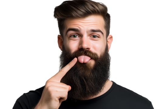 A man with a beard is pointing his finger at his mouth and sticking out his tongue, isolated on a transparent background