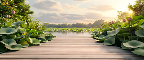 Serene Lotus Pond at Sunset with Wooden Dock &ndash; AI Generated Landscape