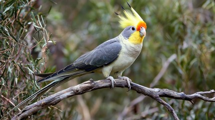 A cockatiel with a bright yellow crest perched on a branch