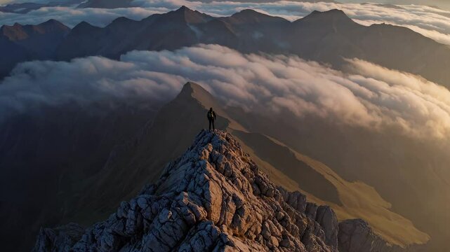  Explorer perches on jagged ridge, peak freedom lifts spirit toward vast horizon, peak freedom unchains mind. Peak freedom echoes courage concept of fearless resolve.