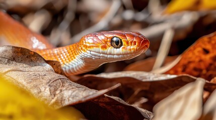 Fototapeta premium A corn snake slithering through dry leaves
