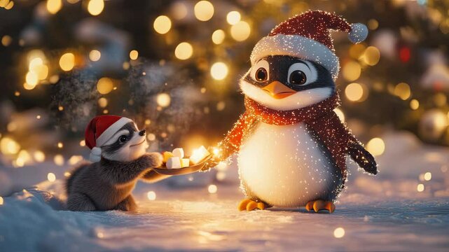 Adorable scene of two small penguins standing in the snow, showcasing the beauty of winter wildlife and nature.