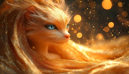 Golden feline portrait, enveloped in shimmering fabric.