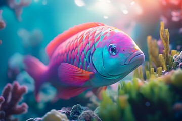 Fototapeta premium A single colorful fish swimming in a vibrant coral reef with bright light shining on the scene