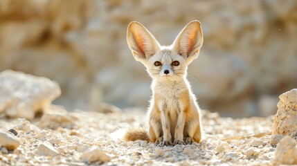A fennec fox with big ears sitting in the desert