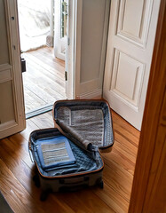Open suitcase on hardwood floor near doorway, suggesting travel, departure, or a new beginning.  The partially packed luggage evokes feelings of anticipation and journey.