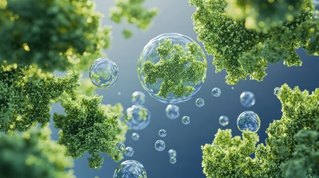 Illustration of CO2 molecules being absorbed by trees, symbolizing carbon sequestration.