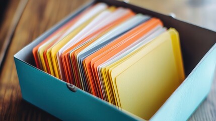 Index cards arranged in a small storage box