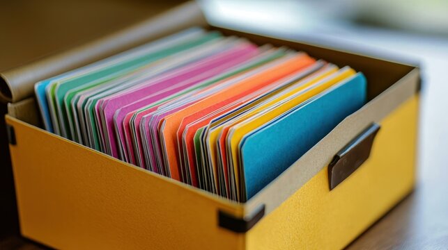 Index cards arranged in a small storage box