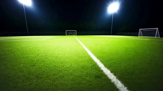 Night soccer field, goals, lights, grass, training