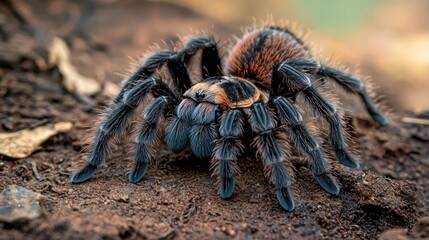 A fluffy tarantula crawling on dry ground