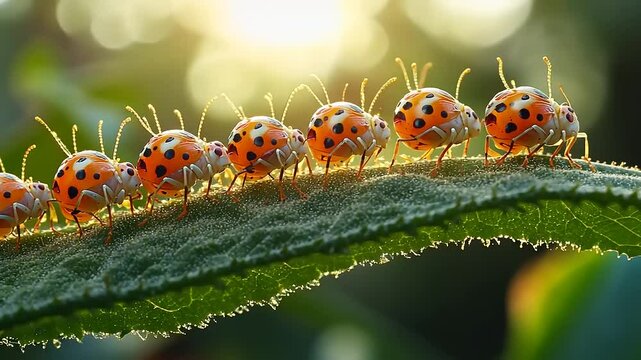 A row of ladybugs on a leaf in sunlight