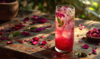 Vibrant Pink Rose Sharbat with Scattered Petals on Wooden Table