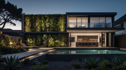 Fototapeta premium Modern minimalist house exterior with multilevel design and clean lines, showcasing contemporary architecture in a residential setting